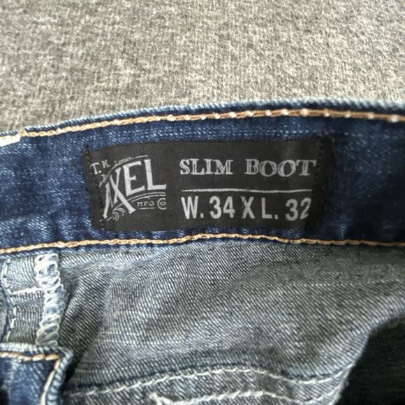 TK Axel Jeans Mens 34X32 Slim Boot Cut Blue Denim Mid Rise Stretch Distressed - Picture 5 of 8